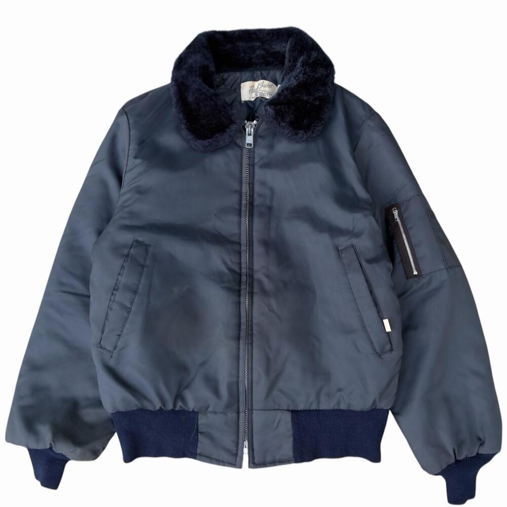 VTG Flight Jacket Outer Shell Full Zip Quilted Lijer Navy Blue Nylon Sz Small